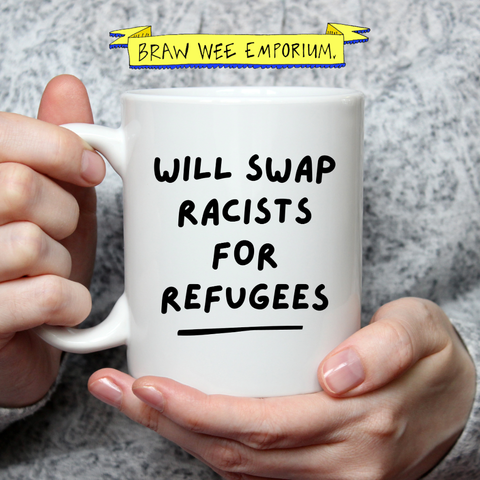 Will Swap Racists for Refugees 11oz White Mug - Pro-Refugee, Anti-Racism Statement Mug