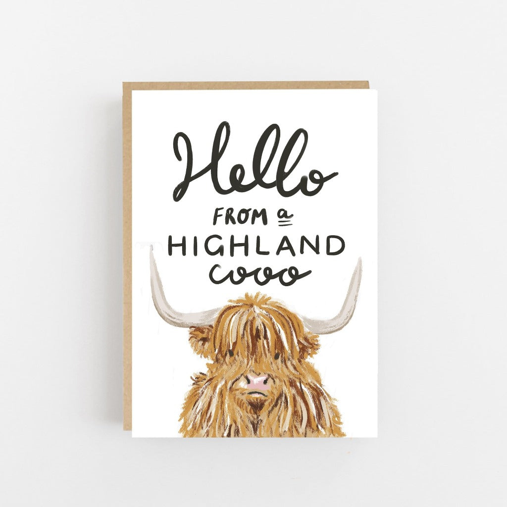 Hello from Scotland Highland Coo Greeting Card - Lomond Paper Co Braw Wee Emporium