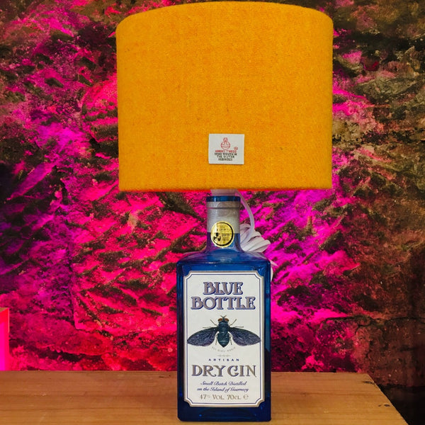 Blue Bottle Gin Lamp with Yellow Harris Tweed Shade - Braw Wee Emporium Braw Wee Emporium