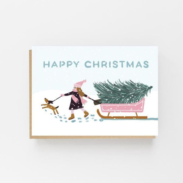 Girl with Pink Sledge - Happy Christmas Card- Lomond Paper Co Braw Wee Emporium